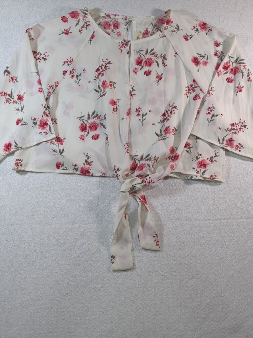 NWT Peach Love California Ivory Pink Floral Tie Front Crop Top - Size Large